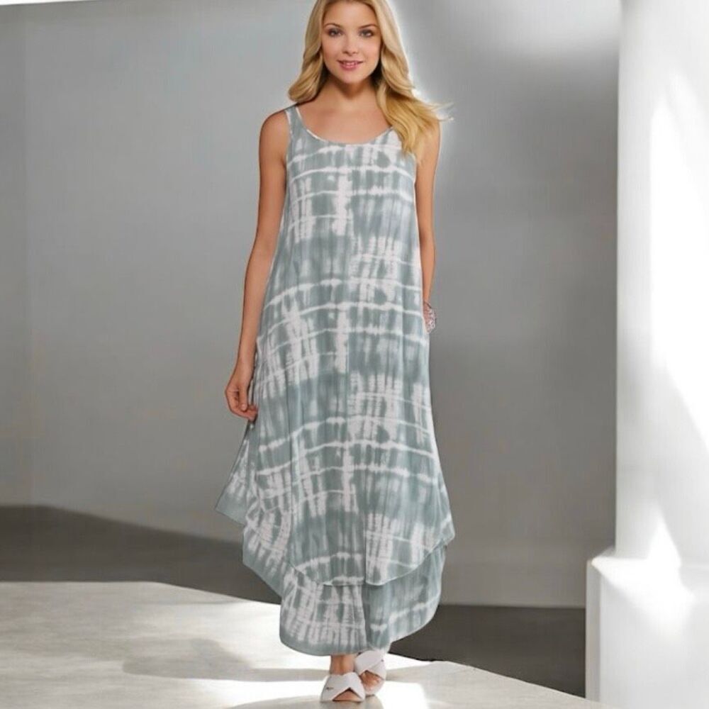 NWT Gorgeous Japna Sz M Grey White Tie Dye Boho Gypsie Wide Leg Ruffle Jumpsuit